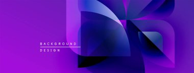 Soyut mor dizayn, üst üste binen şekiller, gradyanlar. Metin elemanları ve dinamik bileşimi olan modern arkaplan.