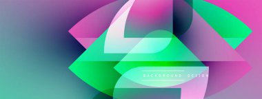 Soyut, enerjik şekiller çakışıyor ve dinamik bir değişim etkisi yaratıyor. Modern tasarım düz renk geçişlerini, deniz mavisi, pembe, yeşil renkleri içerir.