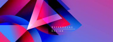 Soyut geometrik şekiller örtüşüyor, canlı mor, mavi ve pembe renkler yaratıyor. Arka planlar için modern tasarım ögesi.