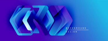 Soyut geometrik şekiller örtüşerek canlı mavi gradyan arkaplan oluşturur. Modern tasarım elementleri teknoloji ve yenilik öneriyor.