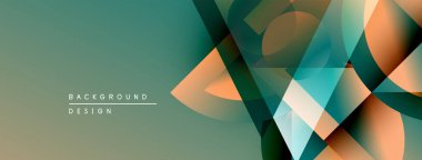 Soyut geometrik şekiller örtüşür, gradyan arkaplan oluşturur. Teal, turuncu renkler tasarıma hakim, modern estetik sunuyor.