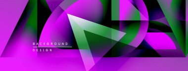 Soyut geometrik şekiller örtüşüyor, canlı mor ve yeşil renkler yaratıyor. Modern tasarım ögeleri dinamik arkaplan dokusunu önerir.