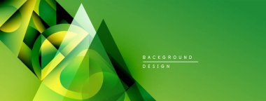 Soyut geometrik şekiller örtüşür, canlı yeşil gradyan arkaplan oluşturur. Modern tasarım elementleri yenilik ve enerji öneriyor.