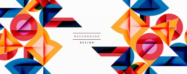 Soyut geometrik şekiller, canlı renkler, modern tasarım. Kompozisyonda üçgenler, kareler, daireler, üst üste binen formlar var. Temiz estetik.