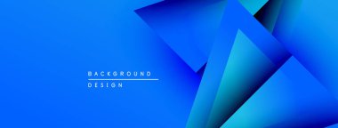 Soyut mavi arkaplan katmanlı geometrik şekiller içerir. Gradyan gölgeler derinlik yaratır, modern tasarım ögesi. Mevcut en küçük metin.