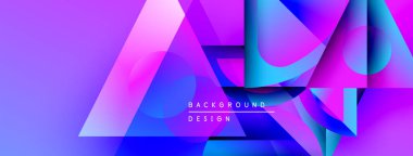 Soyut, enerjik bir arkaplan. Geometrik şekiller örtüşür, dinamik görsel efekt yaratır. Mor, mavi renkler kompozisyona hakim. Modern tasarım ögesi.
