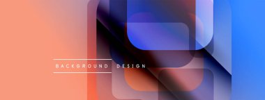 Soyut geometrik şekiller örtüşüyor, canlı renk eğimleri yaratıyor. Şeftali, mavi renkler kompozisyona hakim. Metin arkaplan tasarımı okur.