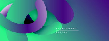 Soyut sıvı şekilleri örtüşür, canlı gradyanlar yaratır. Mor, yeşil renkler dizaynın baskın rengidir. Hareketi ve derinliği gösterir. Modern estetik.