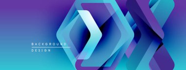 Soyut geometrik şekiller örtüşür, parlak mavi mor bir eğilim yaratır. Metin arka plan tasarımı okur. Modern dijital resimleme.