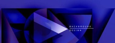 Soyut geometrik tasarım. Mavi gradyanlar dinamik şekiller oluşturur, modern estetik. Metin arka plan tasarımı okur. Minimalist kompozisyon.