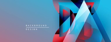 Soyut geometrik şekiller örtüşüyor, canlı mavi, kırmızı, beyaz gradyanlar yaratıyor. Arkaplan, ince mor renkler, modern tasarım elementleri.