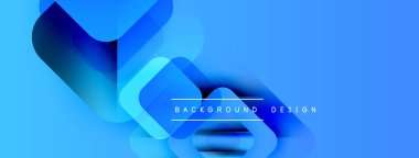 Soyut mavi tasarım özellikleri üst üste binen yuvarlak kareler. Gradyan etkisi derinlik yaratır, modern estetik. Metin arkaplan tasarımı okur.