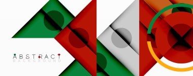 Geometrik şekiller örtüşür, canlı renk blokları oluşturur. Kırmızı, yeşil, turuncu, gri, beyaz modern tasarım için birleşir.