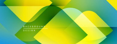 Soyut geometrik şekiller çakışıyor. Canlı sarı, yeşil, mavi gradyanlar dinamik görsel doku oluşturur. Modern tasarım ögesi.