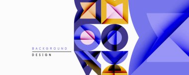 Soyut geometrik bileşim. Canlı mavi, sarı, pembe renkler egemen. Üst üste binen şekiller dinamik görsel efekt yaratır. Arka planlar için modern tasarım ögesi.