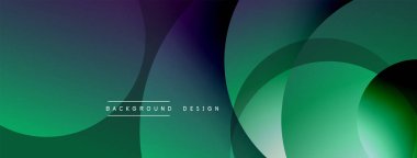 Soyut arkaplan özellikleri üst üste binen daireler, gradyanlar. Teal, yeşil, mor renkler modern tasarım yaratır. Minimalist estetik.