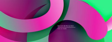 Soyut sıvı şekilleri örtüşür, canlı gradyanlar yaratır. Pembe, yeşil, mor renkler kompozisyona hakim. Modern tasarım ögesi.