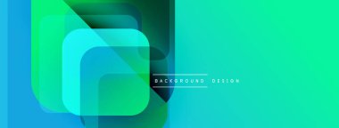 Soyut geometrik şekiller çakışıyor. Canlı turkuaz, yeşil renkler modern arka plan yaratır. Minimalist tasarım teknoloji ve yenilik öneriyor.