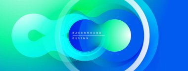 Soyut tasarım özellikleri üst üste binen daireler, gradyanlar. Mavi, yeşil renkler modern, dinamik görsel efekt yaratır. Minimalist kompozisyon.