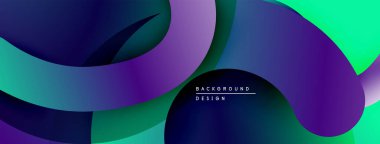 Soyut katmanlar örtüşüyor, canlı gradyanlar yaratıyor. Pürüzsüz şekiller mor, yeşil, mavi renkleri harmanlıyor. Modern tasarım ögesi.