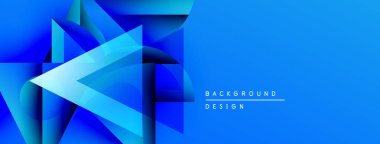 Soyut mavi geometrik şekiller dinamik arkaplan yaratır. Modern tasarım gradientler, üçgenler, temiz çizgiler içerir. Metin arkaplan tasarımı okur.