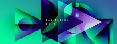 Soyut geometrik şekiller canlı turkuazları, mor renkleri harmanlarlar. Modern tasarım üst üste binen üçgenler, daireler, gradyanlar içerir. Minimalist metin mevcut.