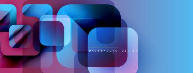 Soyut geometrik şekiller örtüşür, parlak mavi ve mor renkler yaratır. Modern tasarım elementleri teknoloji ve yenilik öneriyor.
