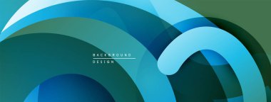 Soyut katmanlı şekiller akıcı tasarım yaratır. Maviler, yeşiller kompozisyona hakim. Modern estetik, pürüzsüz eğimler sunar.