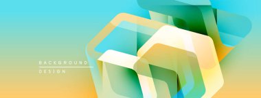 Soyut geometrik şekiller örtüşür, canlı bir gradyan arkaplan oluşturur. Sarı, yeşil, turkuaz renkler düzgün bir şekilde harmanlanır. Modern tasarım ögesi.