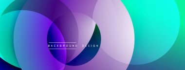 Soyut daireler örtüşüyor, canlı mor, mavi ve yeşil renkler yaratıyor. Arkaplan ve sunumlar için modern tasarım ögesi.