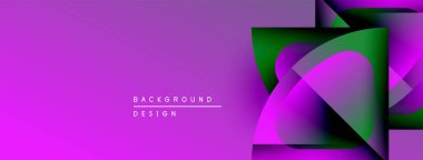 Soyut enerjik tasarım. Mor, yeşil renkler harmanlanmış. Geometrik şekiller modern estetik yaratarak örtüşüyor. Mevcut en küçük metin.