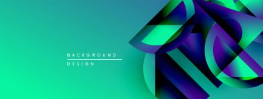 Soyut geometrik şekiller, canlı turkuazlar, mor renkler. Modern tasarım elementleri dinamik görsel etki yaratır. Arkaplan metni mevcut.