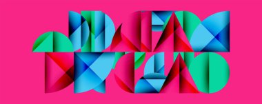 Soyut geometrik şekiller canlı pembe arka plana karşı renkli yazılar oluşturur. Modern tasarım, kalın renkler, sanatsal kompozisyon.