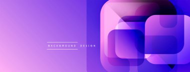 Soyut mor arkaplan. Üst üste binen kareler modern tasarım yaratır. Gradyan gölgeler görsel derinlik sunar, basit metin içerir.