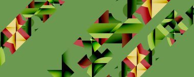 Soyut geometrik şekiller örtüşür, dinamik görsel doku oluşturur. Renkler arasında yeşil, altın, kestane rengi var. Kompozisyon modern, cesur hissettiriyor..