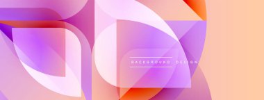 Soyut geometrik şekiller örtüşüyor, canlı renk eğimleri yaratıyor. Şeftali, mor, pembe renkler kompozisyona hakim. Modern tasarım ögesi.