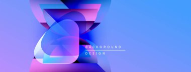 Soyut geometrik şekiller örtüşür, parlak mavi ve mor renkler yaratır. Metin arka plan tasarımı okur. Modern, dinamik kompozisyon.