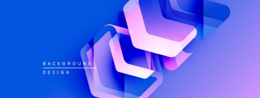 Soyut geometrik şekiller örtüşür, parlak mavi ve mor renkler yaratır. Modern tasarım elementleri teknoloji ve yenilik öneriyor.