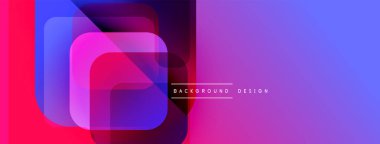 Soyut geometrik şekiller çakışıyor. Canlı mor, mavi, pembe renkler modern arkaplan yaratır. Metin arkaplan tasarımı okur.