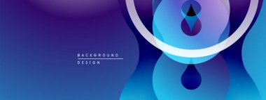 Soyut tasarım özellikleri üst üste binen daireler, gradyanlar. Mavi, mor renkler modern estetik yaratıyor. Minimalist kompozisyon arka plana uyar.