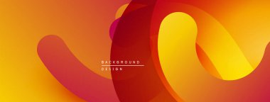 Soyut sıvı şekiller, sıcak renk paleti. Turuncu, kırmızı, sarı gradyanlar dinamik arkaplan tasarımı yaratır. Yumuşak kıvrımlar hareketi gösterir.