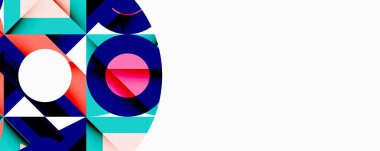 Soyut geometrik şekiller, canlı renkler, modern tasarım. Kompozisyon üst üste binen katmanlar, dinamik görsel etki yaratır.