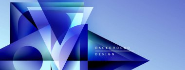 Soyut geometrik tasarım. Mavi gradyanlar katmanlı şekiller oluşturur, oklara ya da yüzeylere benzer şekiller. Modern estetik, arka planlar için uygun.