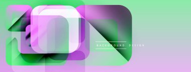 Soyut geometrik şekiller çakışıyor. Nane yeşili, mor renkler modern tasarım yaratır. Minimalist tarz, pürüzsüz gradyanlar görsel ilgi sunar.