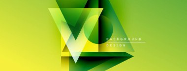 Soyut geometrik tasarım. Yeşil, sarı gradyanlar üçgen şekiller oluşturur. Dijital projeler için modern arkaplan.