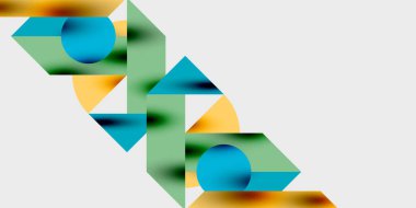 Soyut geometrik şekiller örtüşüyor, canlı renk eğimleri yaratıyor. Kompozisyon mavi, yeşiller, sarılar beyaz arkaplana karşıdır.