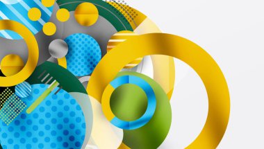 Soyut geometrik şekiller çakışıyor. Çemberler, noktalar, çizgiler canlı bir bileşim oluşturuyor. Sarı, mavi, yeşil baskın tasarım. Modern estetik.