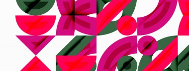 Soyut şablon tekrarlanan şekilleri gösterir. Pembe, yeşil elementler dinamik görsel doku yaratır. Basit biçimler, kalın renkler kompozisyona hakim.