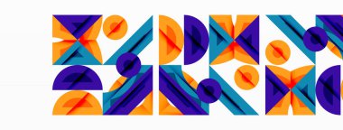 Soyut geometrik şekiller tekrar eder, canlı desenler yaratır. Turuncu, mor, mavi baskın kompozisyon. Modern tasarım elemanları.