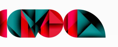 Soyut geometrik şekiller harfleri oluşturur. Kırmızı, deniz mavisi renkleri dizaynda baskın. Minimalist tarz, temiz çizgiler modern estetik sunar.